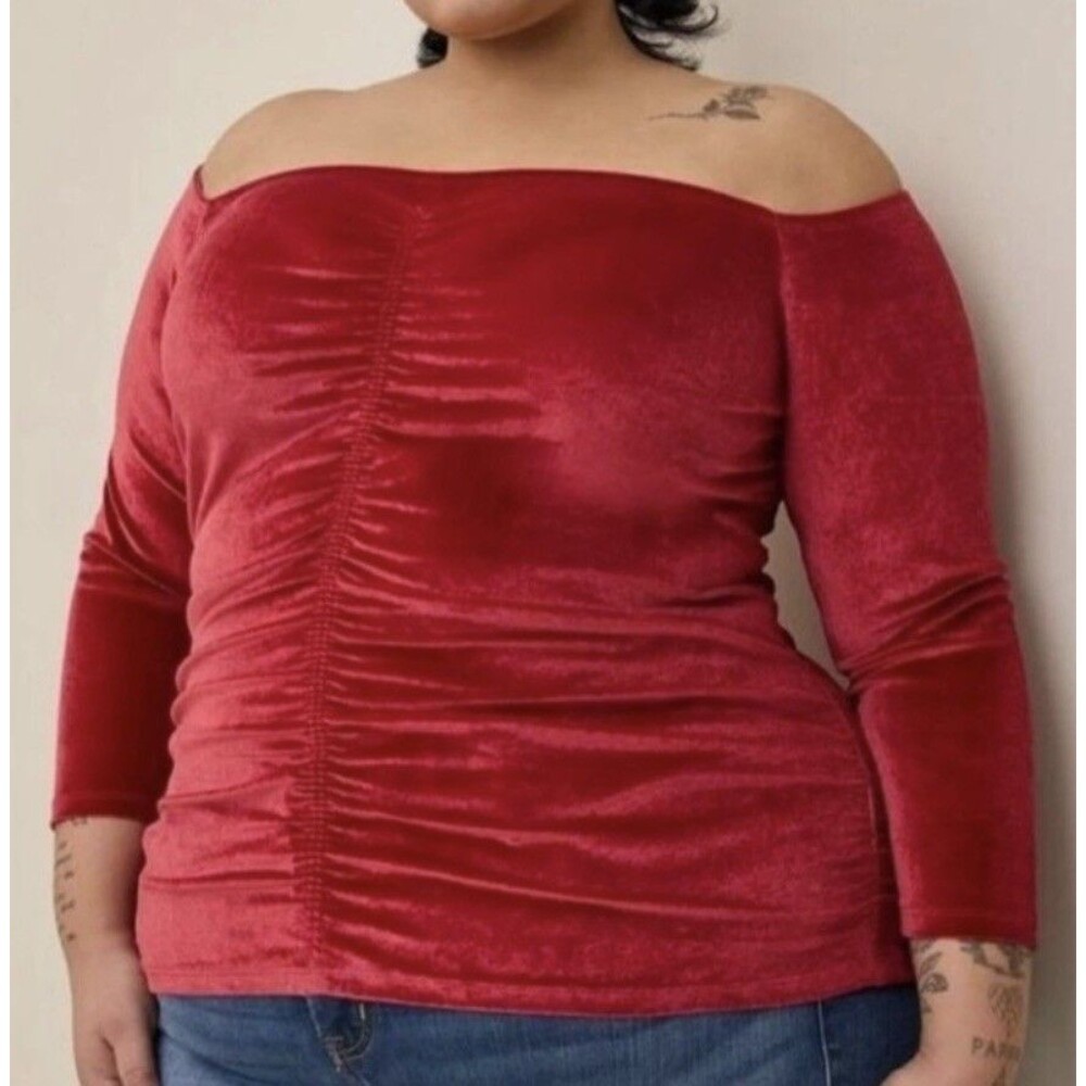 Torrid Womens Red Velvet Ruched Scoop Neck 3/4 Sleeve Stretch Top Plus 1X Y2K